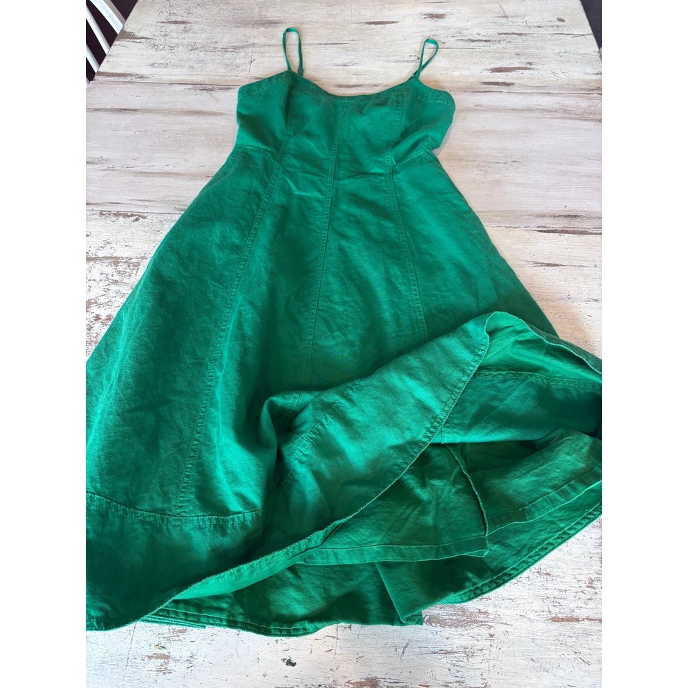 BANANA REPUBLIC midi dress women size 2 green linen blend smocked back pockets - Picture 9 of 11